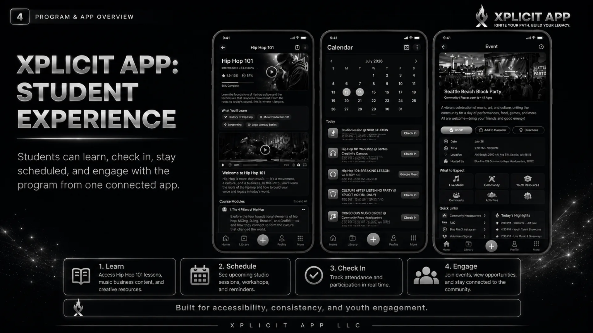 Mockups of the Blue Fire X student app showing learning, scheduling, and event features
