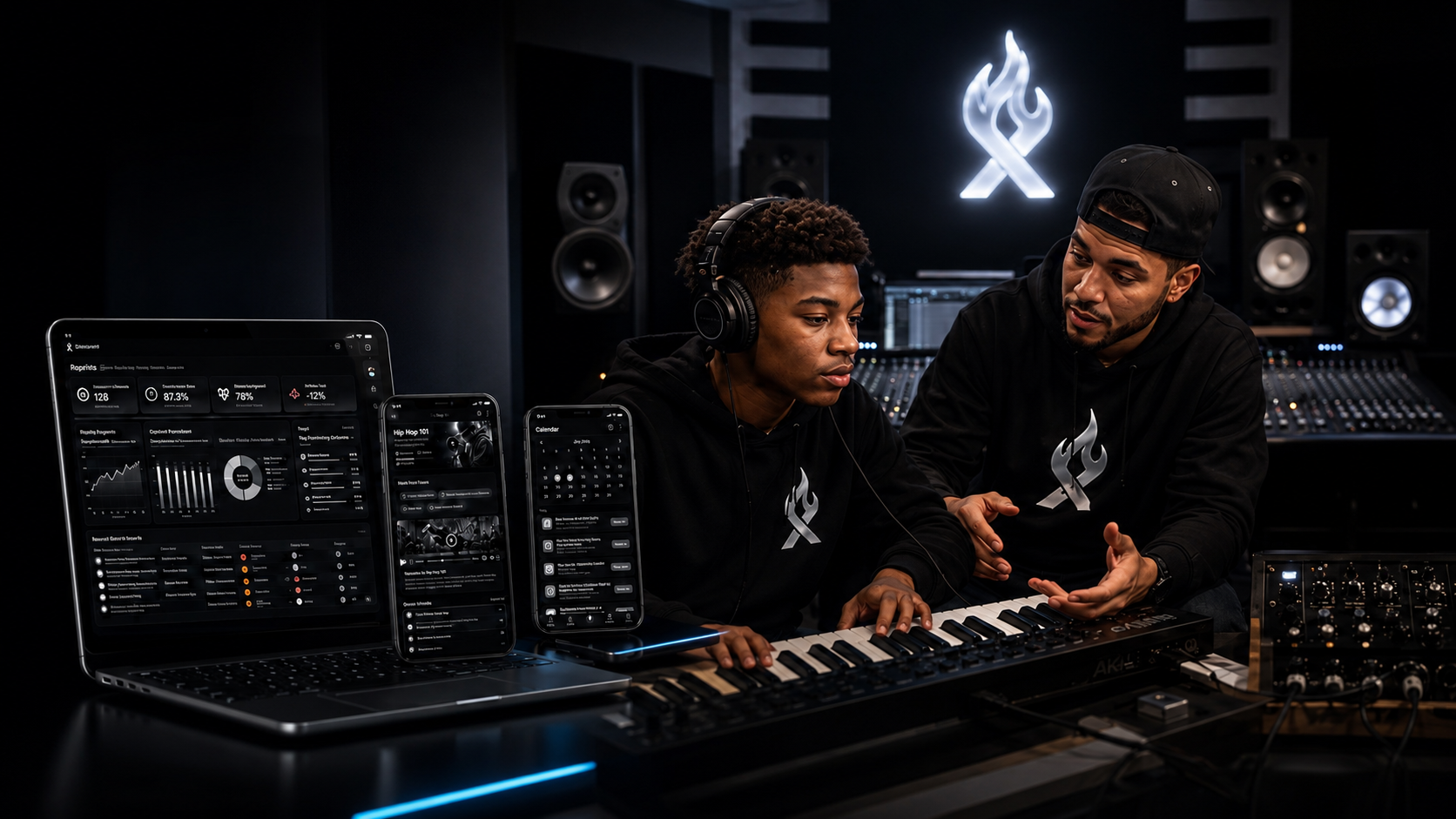Young artists and mentors collaborating inside the XPLICIT community music studio