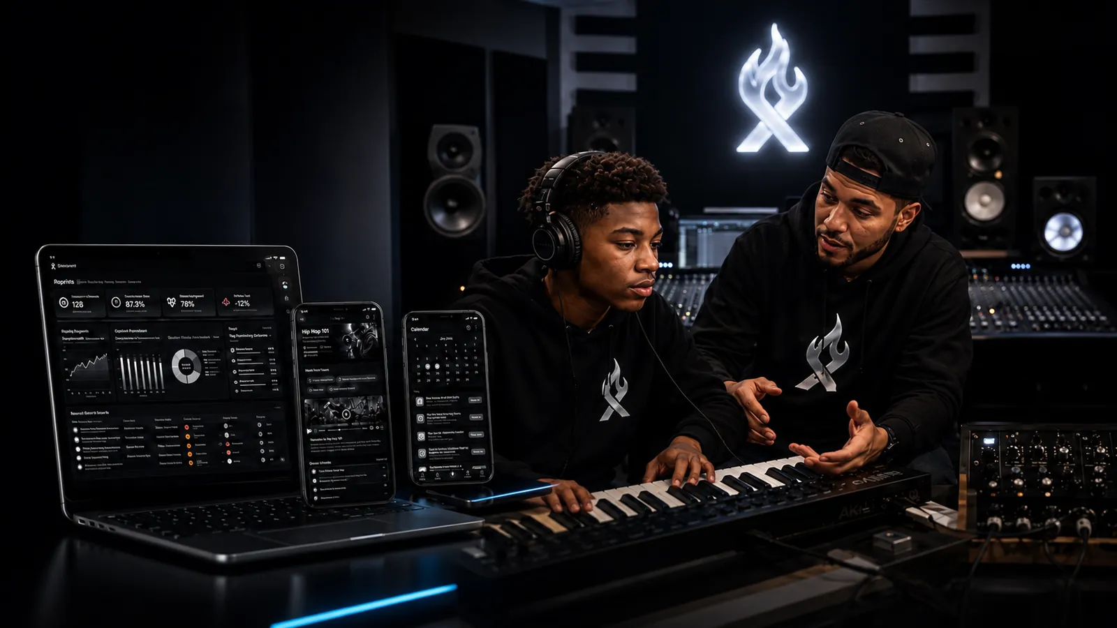 Young artists and mentors collaborating inside the XPLICIT community music studio